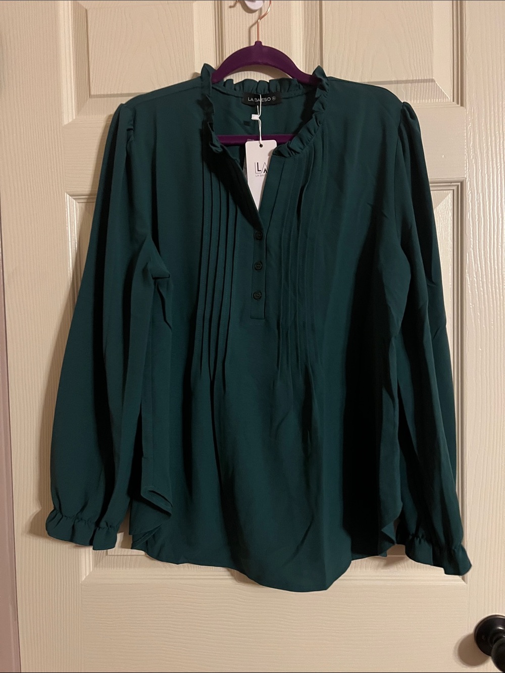 Teal Pintuck Ruffle-Neck Blouse